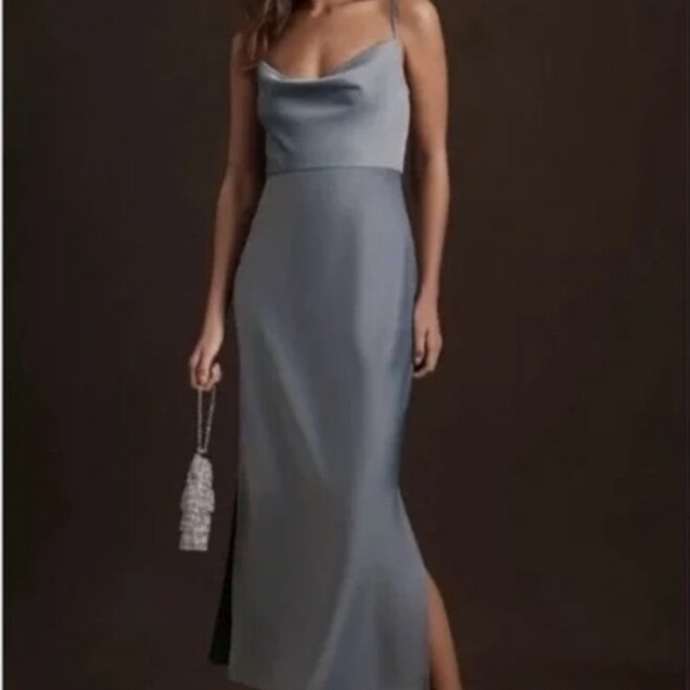 Sophisticated Strappy Cowl Neck Dusty Blue Maxi Dress